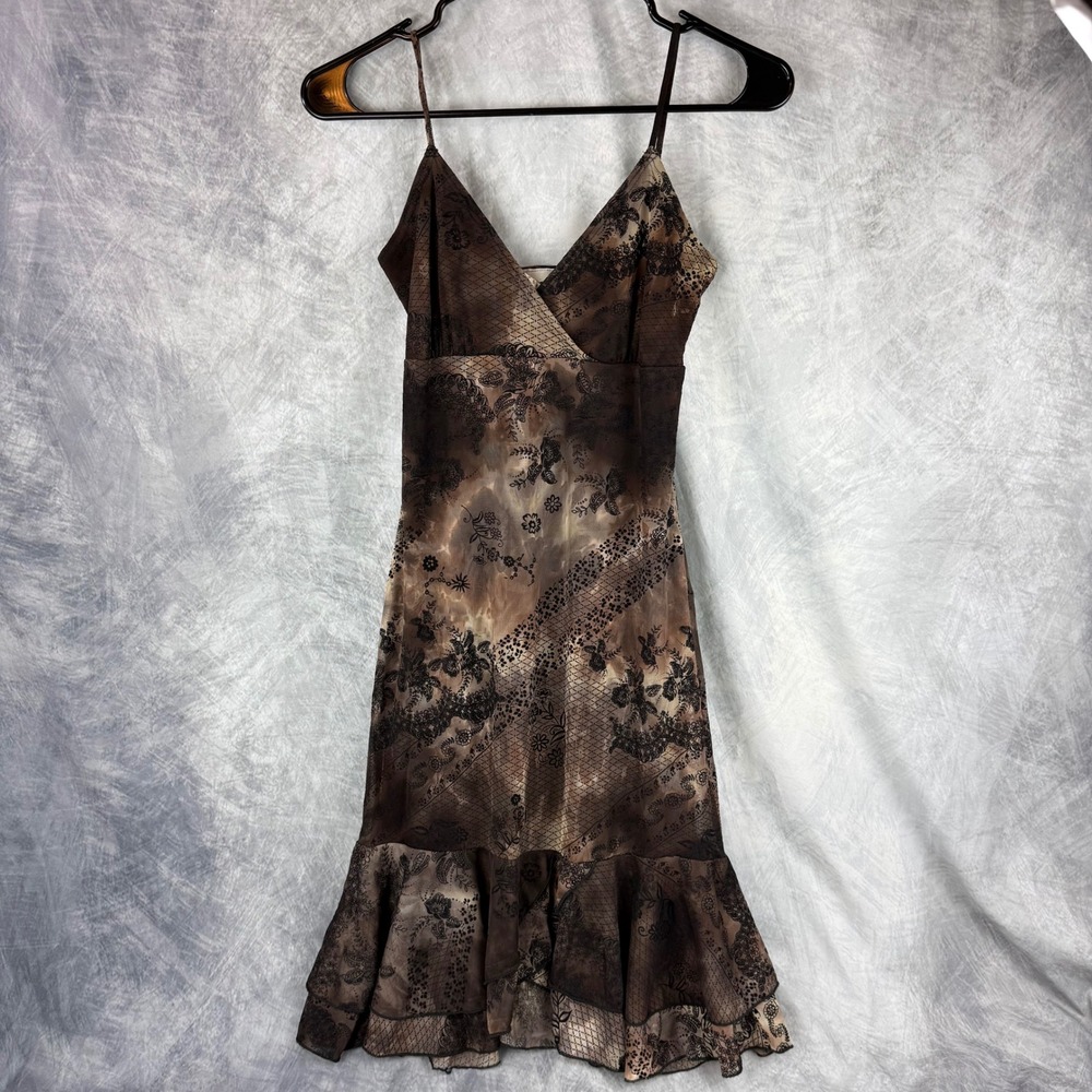 Vintage Von Mozart Brown Floral Mesh Ruffle Hem Midi Dress Y2K Small